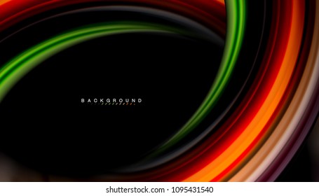 Resumen de líneas de onda fluidos estilo arco iris rayas de color sobre fondo negro. Ilustración artística vectorial para presentación, fondo de pantalla de aplicación, cartel o afiche