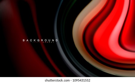 Resumen de líneas de onda fluidos estilo arco iris rayas de color sobre fondo negro. Ilustración artística vectorial para presentación, fondo de pantalla de aplicación, cartel o afiche