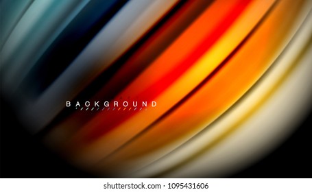 Resumen de líneas de onda fluidos estilo arco iris rayas de color sobre fondo negro. Ilustración artística vectorial para presentación, fondo de pantalla de aplicación, cartel o afiche