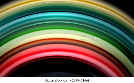 Linhas de onda abstratas listras de cor do estilo arco-íris fluido no fundo preto. Ilustração artística vetorial para apresentação, papel de parede do aplicativo, banner ou cartaz