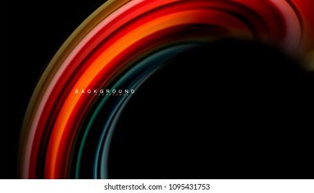 Resumen de líneas de onda fluidos estilo arco iris rayas de color sobre fondo negro. Ilustración artística vectorial para presentación, fondo de pantalla de aplicación, cartel o afiche