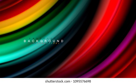 Abstrakte Wellenlinien fließende Regenbogenfarben-Streifen auf schwarzem Hintergrund. Vektorgrafik zur Präsentation, App-Bildschirmhintergrund, Banner oder Poster