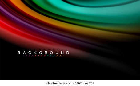 Resumen de líneas de onda fluidos estilo arco iris rayas de color sobre fondo negro. Ilustración artística vectorial para presentación, fondo de pantalla de aplicación, cartel o afiche