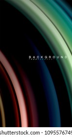 Resumen de líneas de onda fluidos estilo arco iris rayas de color sobre fondo negro. Ilustración artística vectorial para presentación, fondo de pantalla de aplicación, cartel o afiche