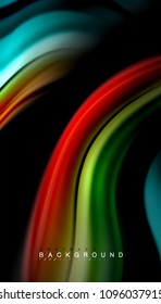 Resumen de líneas de onda fluidos estilo arco iris rayas de color sobre fondo negro. Ilustración artística vectorial para presentación, fondo de pantalla de aplicación, cartel o afiche