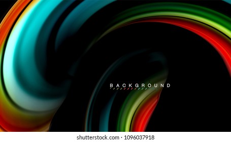 Abstrakte Wellenlinien fließende Regenbogenfarben-Streifen auf schwarzem Hintergrund. Vektorgrafik zur Präsentation, App-Bildschirmhintergrund, Banner oder Poster