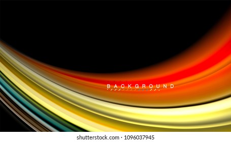 Resumen de líneas de onda fluidos estilo arco iris rayas de color sobre fondo negro. Ilustración artística vectorial para presentación, fondo de pantalla de aplicación, cartel o afiche