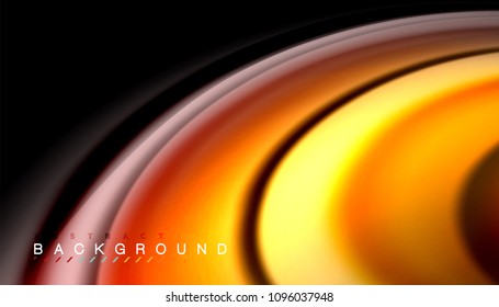 Resumen de líneas de onda fluidos estilo arco iris rayas de color sobre fondo negro. Ilustración artística vectorial para presentación, fondo de pantalla de aplicación, cartel o afiche