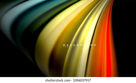 Abstrakte Wellenlinien fließende Regenbogenfarben-Streifen auf schwarzem Hintergrund. Vektorgrafik zur Präsentation, App-Bildschirmhintergrund, Banner oder Poster