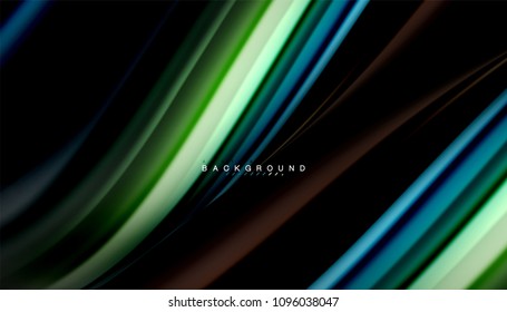 Resumen de líneas de onda fluidos estilo arco iris rayas de color sobre fondo negro. Ilustración artística vectorial para presentación, fondo de pantalla de aplicación, cartel o afiche