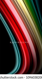 Resumen de líneas de onda fluidos estilo arco iris rayas de color sobre fondo negro. Ilustración artística vectorial para presentación, fondo de pantalla de aplicación, cartel o afiche