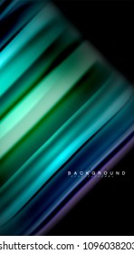 Resumen de líneas de onda fluidos estilo arco iris rayas de color sobre fondo negro. Ilustración artística vectorial para presentación, fondo de pantalla de aplicación, cartel o afiche