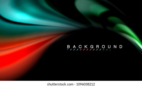 Resumen de líneas de onda fluidos estilo arco iris rayas de color sobre fondo negro. Ilustración artística vectorial para presentación, fondo de pantalla de aplicación, cartel o afiche