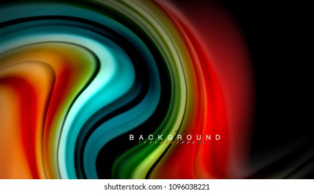 Abstrakte Wellenlinien fließende Regenbogenfarben-Streifen auf schwarzem Hintergrund. Vektorgrafik zur Präsentation, App-Bildschirmhintergrund, Banner oder Poster