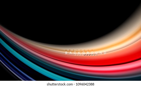 Resumen de líneas de onda fluidos estilo arco iris rayas de color sobre fondo negro. Ilustración artística vectorial para presentación, fondo de pantalla de aplicación, cartel o afiche