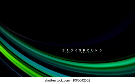 Resumen de líneas de onda fluidos estilo arco iris rayas de color sobre fondo negro. Ilustración artística vectorial para presentación, fondo de pantalla de aplicación, cartel o afiche