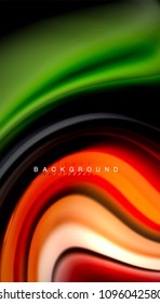 Resumen de líneas de onda fluidos estilo arco iris rayas de color sobre fondo negro. Ilustración artística vectorial para presentación, fondo de pantalla de aplicación, cartel o afiche