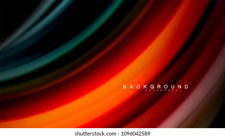 Resumen de líneas de onda fluidos estilo arco iris rayas de color sobre fondo negro. Ilustración artística vectorial para presentación, fondo de pantalla de aplicación, cartel o afiche