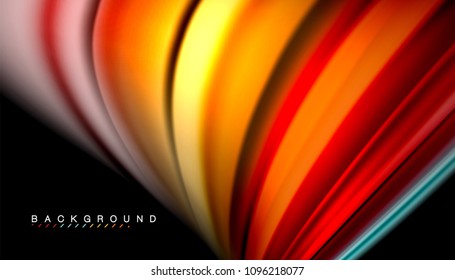Resumen de líneas de onda fluidos estilo arco iris rayas de color sobre fondo negro. Ilustración artística vectorial para presentación, fondo de pantalla de aplicación, cartel o afiche