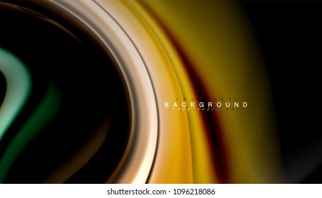 Resumen de líneas de onda fluidos estilo arco iris rayas de color sobre fondo negro. Ilustración artística vectorial para presentación, fondo de pantalla de aplicación, cartel o afiche
