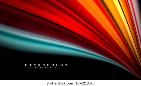 Resumen de líneas de onda fluidos estilo arco iris rayas de color sobre fondo negro. Ilustración artística vectorial para presentación, fondo de pantalla de aplicación, cartel o afiche