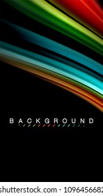 Resumen de líneas de onda fluidos estilo arco iris rayas de color sobre fondo negro. Ilustración artística vectorial para presentación, fondo de pantalla de aplicación, cartel o afiche