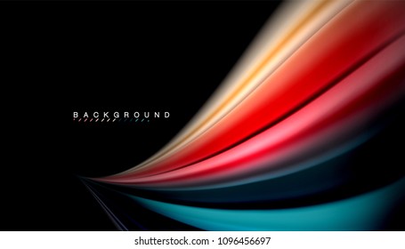 Resumen de líneas de onda fluidos estilo arco iris rayas de color sobre fondo negro. Ilustración artística vectorial para presentación, fondo de pantalla de aplicación, cartel o afiche