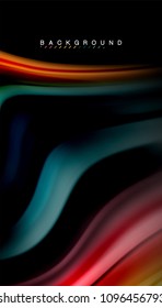 Abstrakte Wellenlinien fließende Regenbogenfarben-Streifen auf schwarzem Hintergrund. Vektorgrafik zur Präsentation, App-Bildschirmhintergrund, Banner oder Poster