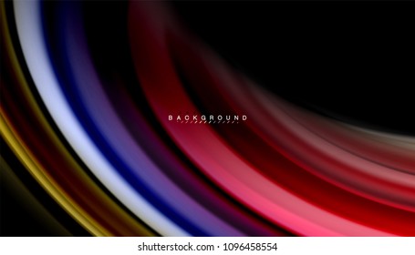 Resumen de líneas de onda fluidos estilo arco iris rayas de color sobre fondo negro. Ilustración artística vectorial para presentación, fondo de pantalla de aplicación, cartel o afiche