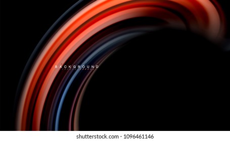 Resumen de líneas de onda fluidos estilo arco iris rayas de color sobre fondo negro. Ilustración artística vectorial para presentación, fondo de pantalla de aplicación, cartel o afiche