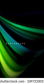 Resumen de líneas de onda fluidos estilo arco iris rayas de color sobre fondo negro. Ilustración artística vectorial para presentación, fondo de pantalla de aplicación, cartel o afiche