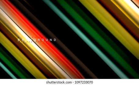 Abstrakte Wellenlinien fließende Regenbogenfarben-Streifen auf schwarzem Hintergrund. Vektorgrafik zur Präsentation, App-Bildschirmhintergrund, Banner oder Poster