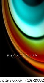 Resumen de líneas de onda fluidos estilo arco iris rayas de color sobre fondo negro. Ilustración artística vectorial para presentación, fondo de pantalla de aplicación, cartel o afiche