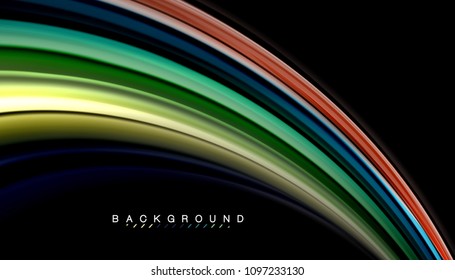 Abstrakte Wellenlinien fließende Regenbogenfarben-Streifen auf schwarzem Hintergrund. Vektorgrafik zur Präsentation, App-Bildschirmhintergrund, Banner oder Poster