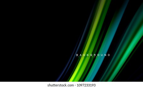 Resumen de líneas de onda fluidos estilo arco iris rayas de color sobre fondo negro. Ilustración artística vectorial para presentación, fondo de pantalla de aplicación, cartel o afiche