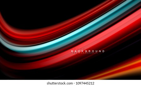 Resumen de líneas de onda fluidos estilo arco iris rayas de color sobre fondo negro. Ilustración artística vectorial para presentación, fondo de pantalla de aplicación, cartel o afiche