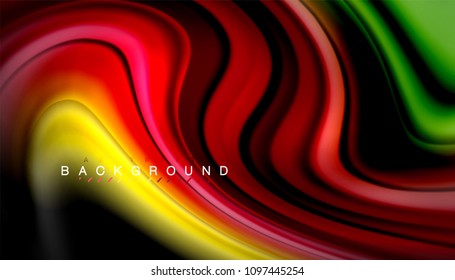 Resumen de líneas de onda fluidos estilo arco iris rayas de color sobre fondo negro. Ilustración artística vectorial para presentación, fondo de pantalla de aplicación, cartel o afiche