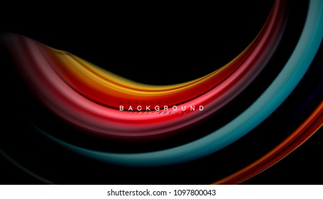 Abstrakte Wellenlinien fließende Regenbogenfarben-Streifen auf schwarzem Hintergrund. Vektorgrafik zur Präsentation, App-Bildschirmhintergrund, Banner oder Poster