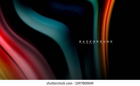 Abstrakte Wellenlinien fließende Regenbogenfarben-Streifen auf schwarzem Hintergrund. Vektorgrafik zur Präsentation, App-Bildschirmhintergrund, Banner oder Poster