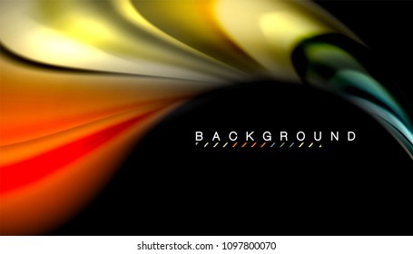Resumen de líneas de onda fluidos estilo arco iris rayas de color sobre fondo negro. Ilustración artística vectorial para presentación, fondo de pantalla de aplicación, cartel o afiche