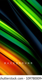 Resumen de líneas de onda fluidos estilo arco iris rayas de color sobre fondo negro. Ilustración artística vectorial para presentación, fondo de pantalla de aplicación, cartel o afiche