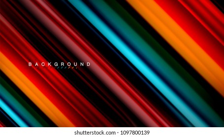 Resumen de líneas de onda fluidos estilo arco iris rayas de color sobre fondo negro. Ilustración artística vectorial para presentación, fondo de pantalla de aplicación, cartel o afiche