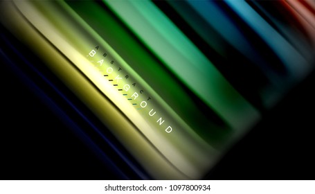 Resumen de líneas de onda fluidos estilo arco iris rayas de color sobre fondo negro. Ilustración artística vectorial para presentación, fondo de pantalla de aplicación, cartel o afiche