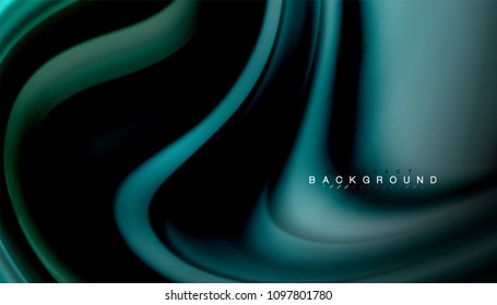 Resumen de líneas de onda fluidos estilo arco iris rayas de color sobre fondo negro. Ilustración artística vectorial para presentación, fondo de pantalla de aplicación, cartel o afiche