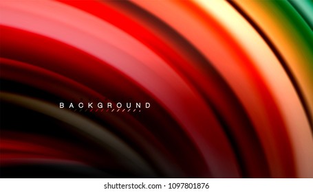 Resumen de líneas de onda fluidos estilo arco iris rayas de color sobre fondo negro. Ilustración artística vectorial para presentación, fondo de pantalla de aplicación, cartel o afiche
