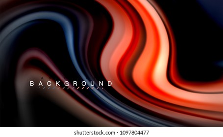 Resumen de líneas de onda fluidos estilo arco iris rayas de color sobre fondo negro. Ilustración artística vectorial para presentación, fondo de pantalla de aplicación, cartel o afiche