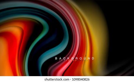 Resumen de líneas de onda fluidos estilo arco iris rayas de color sobre fondo negro. Ilustración artística vectorial para presentación, fondo de pantalla de aplicación, cartel o afiche