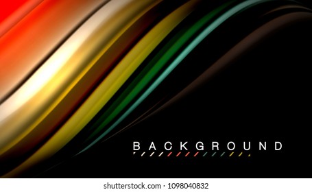 Abstrakte Wellenlinien fließende Regenbogenfarben-Streifen auf schwarzem Hintergrund. Vektorgrafik zur Präsentation, App-Bildschirmhintergrund, Banner oder Poster