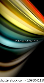 Resumen de líneas de onda fluidos estilo arco iris rayas de color sobre fondo negro. Ilustración artística vectorial para presentación, fondo de pantalla de aplicación, cartel o afiche