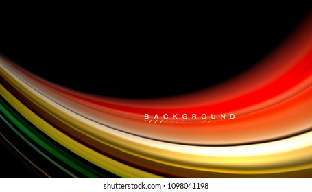 Abstrakte Wellenlinien fließende Regenbogenfarben-Streifen auf schwarzem Hintergrund. Vektorgrafik zur Präsentation, App-Bildschirmhintergrund, Banner oder Poster